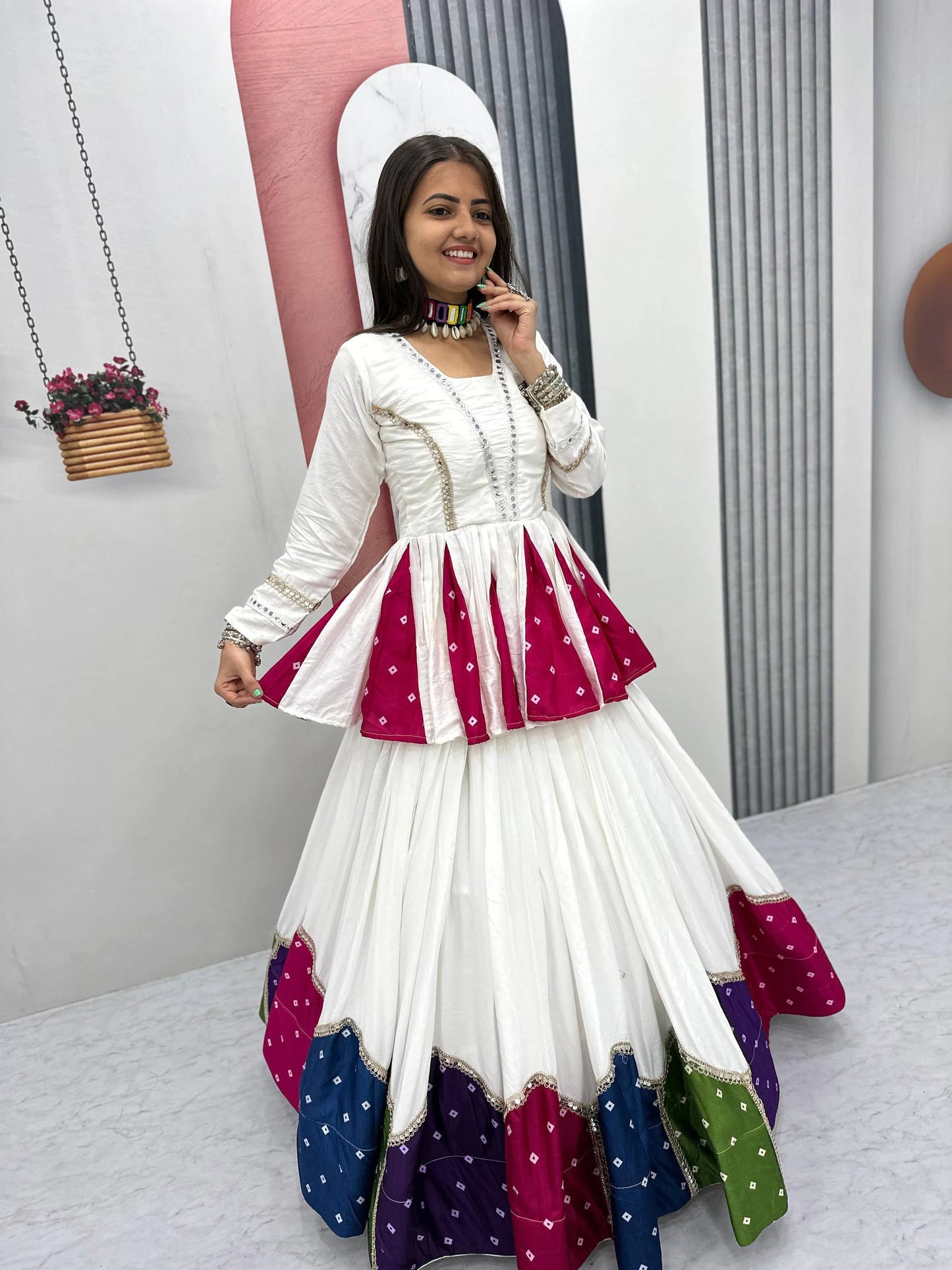 White Pure Cotton Kediyu Lehenga Choli with Colourful Border for Navratri