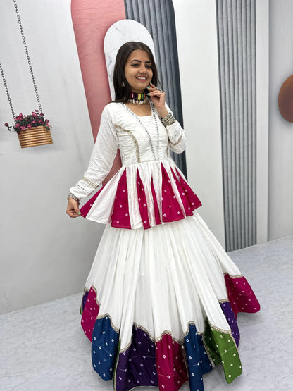 White Pure Cotton Kediyu Lehenga Choli with Colourful Border for Navratri