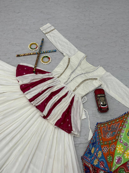 White Pure Cotton Kediyu Lehenga Choli with Colourful Border for Navratri
