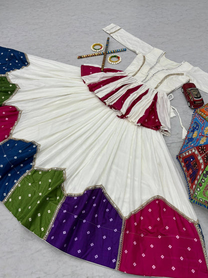 White Pure Cotton Kediyu Lehenga Choli with Colourful Border for Navratri