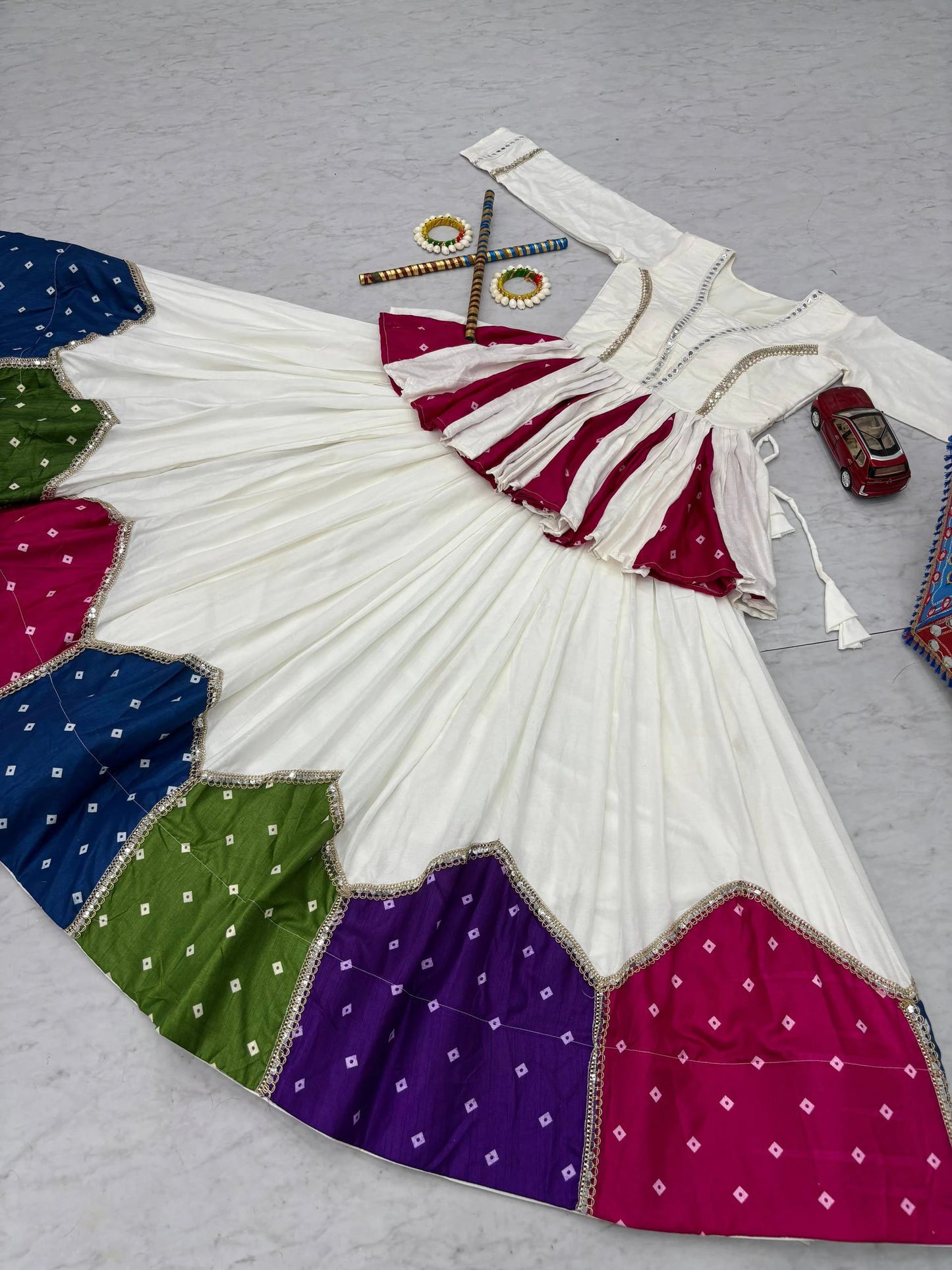 White Pure Cotton Kediyu Lehenga Choli with Colourful Border for Navratri