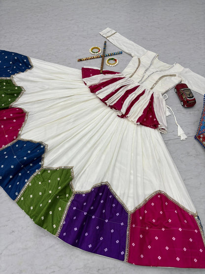 White Pure Cotton Kediyu Lehenga Choli with Colourful Border for Navratri