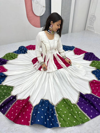 White Pure Cotton Kediyu Lehenga Choli with Colourful Border for Navratri