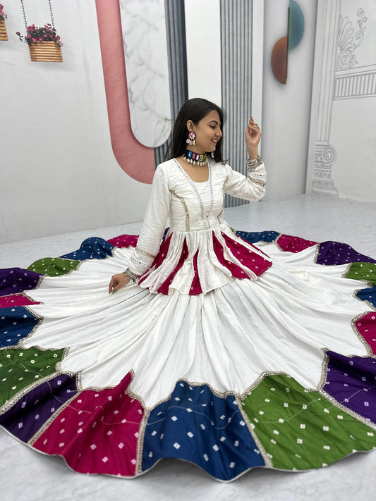 White Pure Cotton Kediyu Lehenga Choli with Colourful Border for Navratri