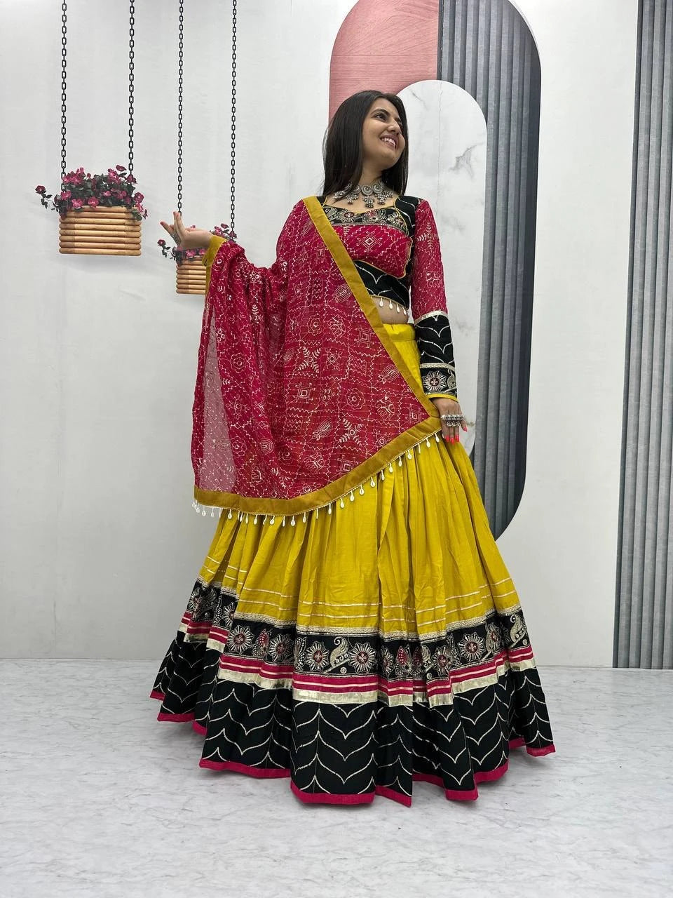 Women's Ethnic Navratri Yellow Lehenga Choli with Embroidered Blouse & Bandhani Dupatta