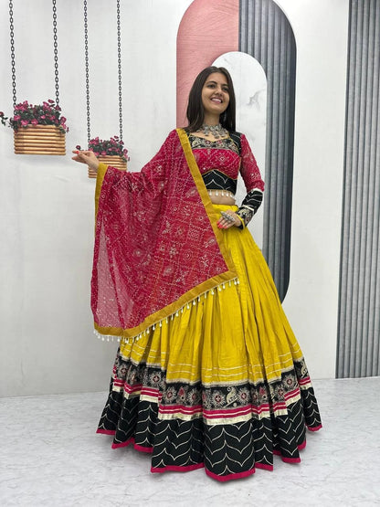 Women's Ethnic Navratri Yellow Lehenga Choli with Embroidered Blouse & Bandhani Dupatta
