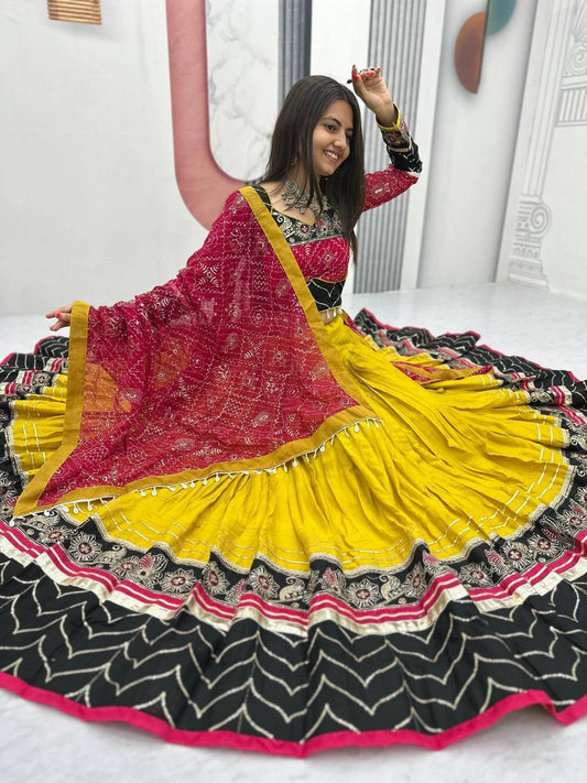 Women's Ethnic Navratri Yellow Lehenga Choli with Embroidered Blouse & Bandhani Dupatta