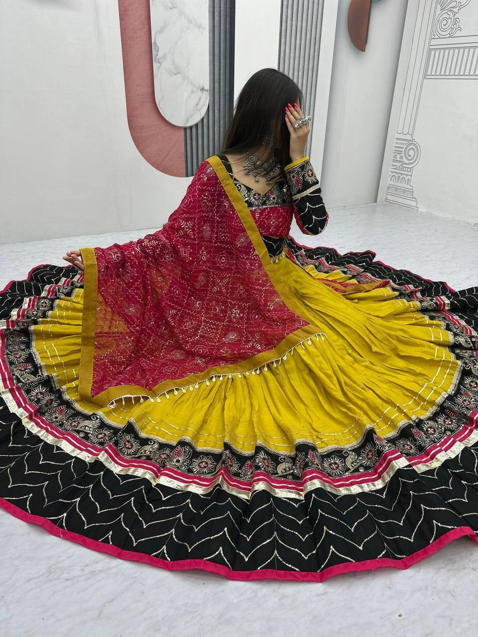 Women's Ethnic Navratri Yellow Lehenga Choli with Embroidered Blouse & Bandhani Dupatta