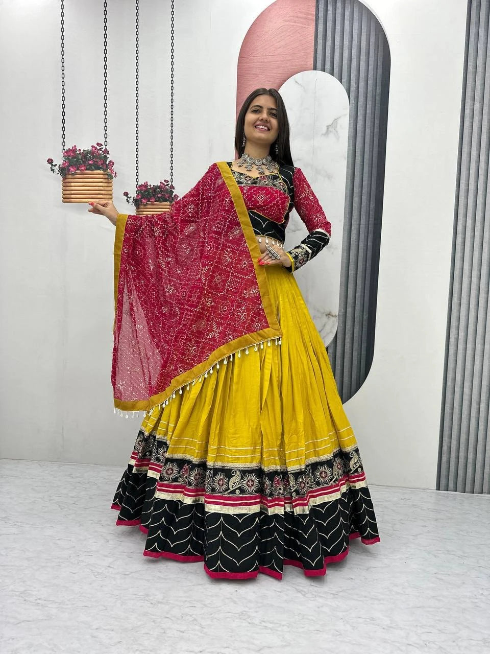 Women's Ethnic Navratri Yellow Lehenga Choli with Embroidered Blouse & Bandhani Dupatta