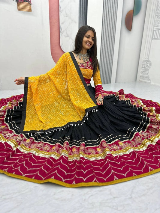 Traditional Garba Wear Black Lehenga Choli with Yellow Bandhani Dupatta for Women