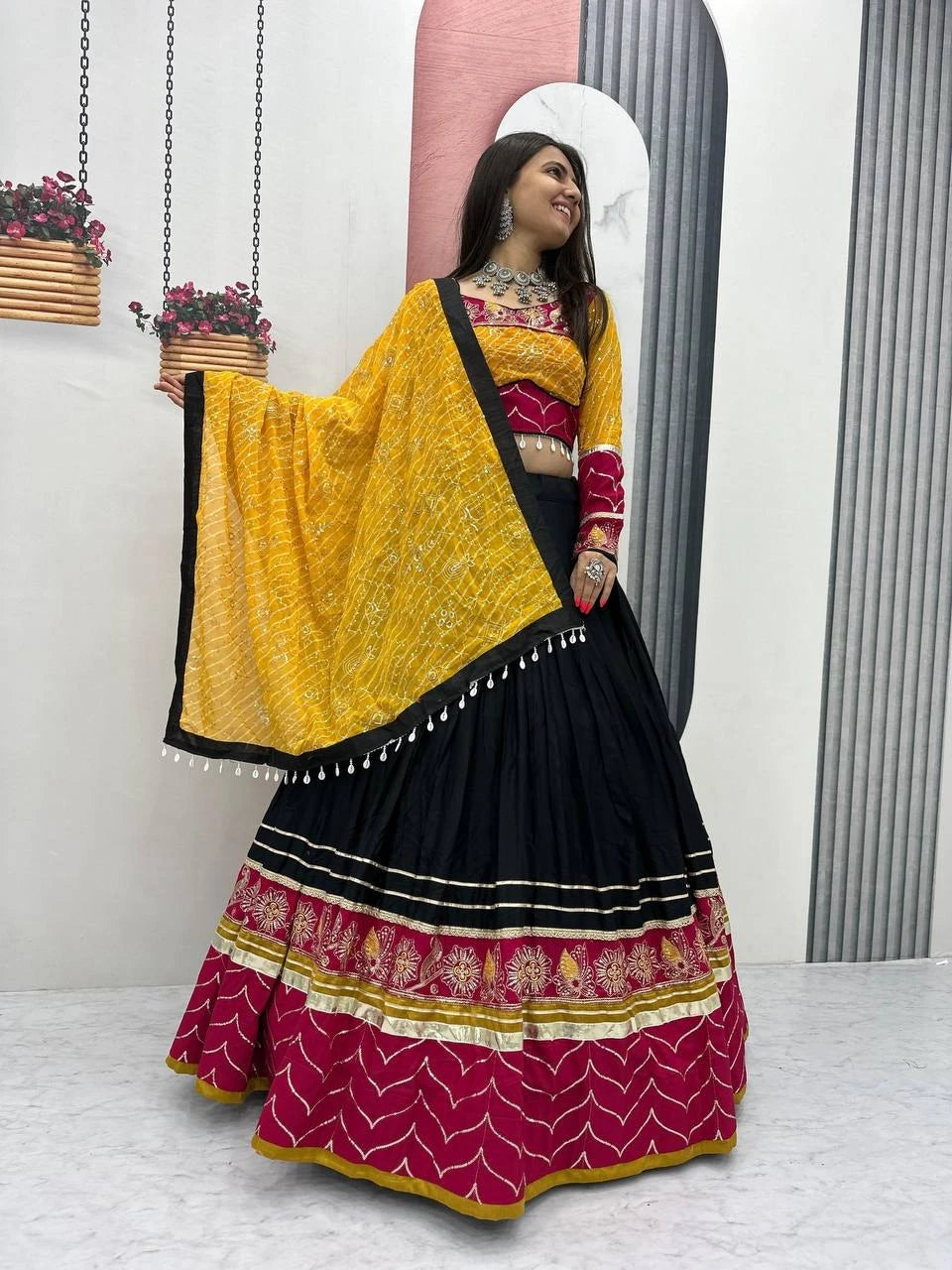 Traditional Garba Wear Black Lehenga Choli with Yellow Bandhani Dupatta for Women