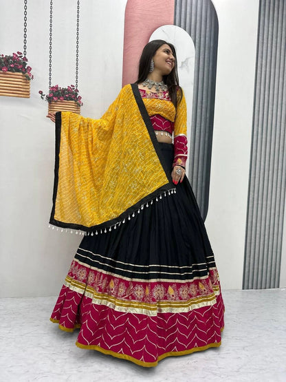 Traditional Garba Wear Black Lehenga Choli with Yellow Bandhani Dupatta for Women
