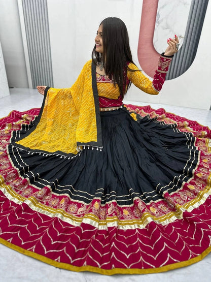Traditional Garba Wear Black Lehenga Choli with Yellow Bandhani Dupatta for Women