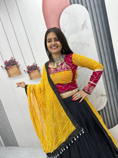 Traditional Garba Wear Black Lehenga Choli with Yellow Bandhani Dupatta for Women
