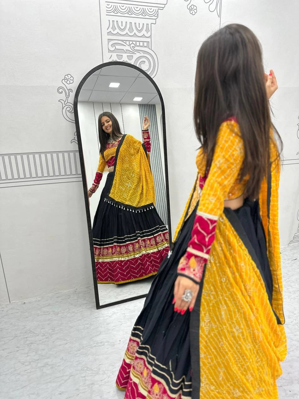 Traditional Garba Wear Black Lehenga Choli with Yellow Bandhani Dupatta for Women