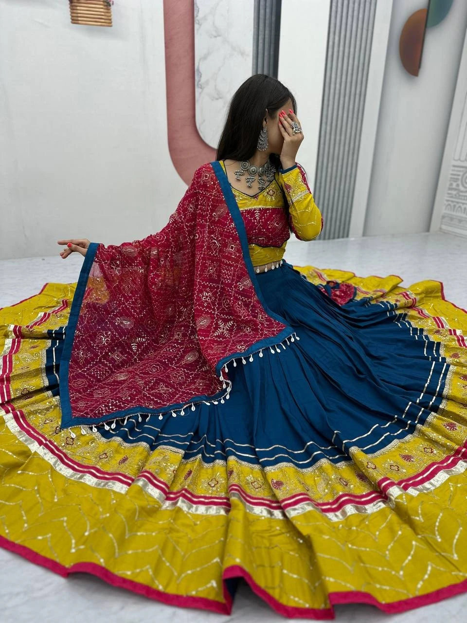 Women's Ethnic Navratri Yellow Lehenga Choli with Embroidered Blouse & Bandhani Dupatta (Copy)