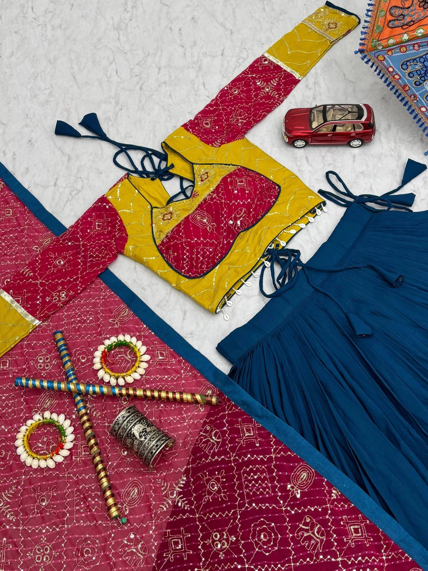Women's Ethnic Navratri Yellow Lehenga Choli with Embroidered Blouse & Bandhani Dupatta (Copy)