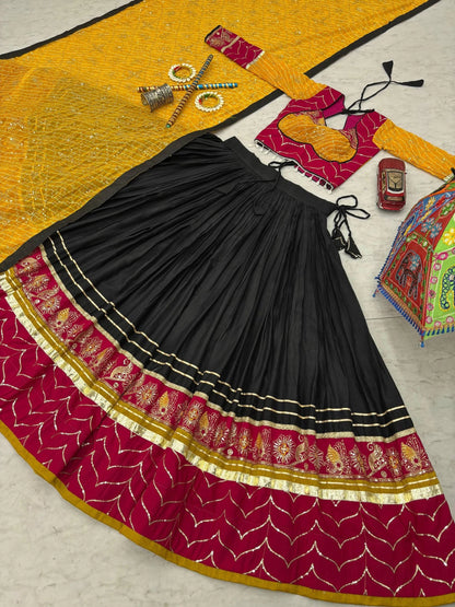 Traditional Garba Wear Black Lehenga Choli with Yellow Bandhani Dupatta for Women