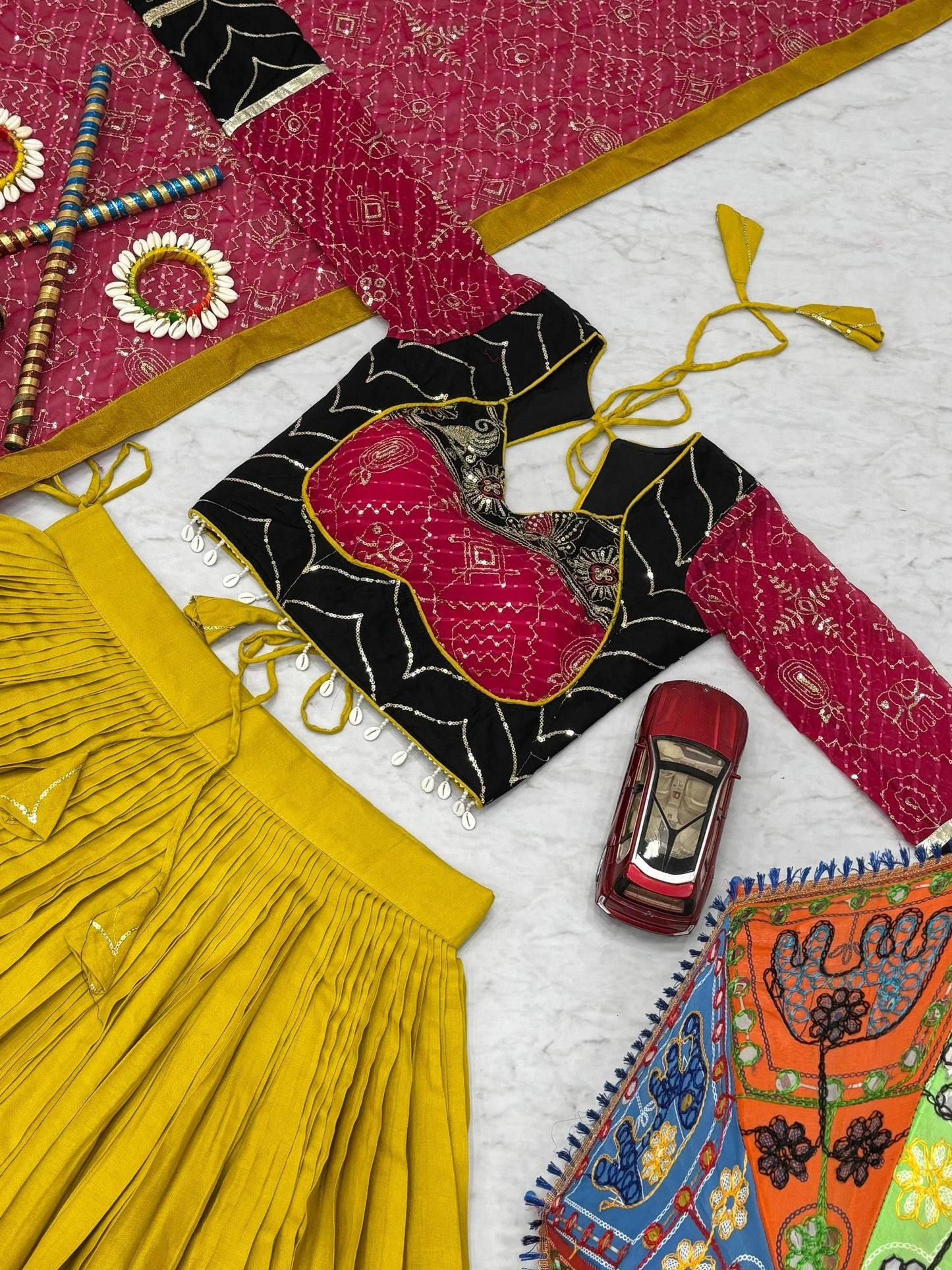 Women's Ethnic Navratri Yellow Lehenga Choli with Embroidered Blouse & Bandhani Dupatta