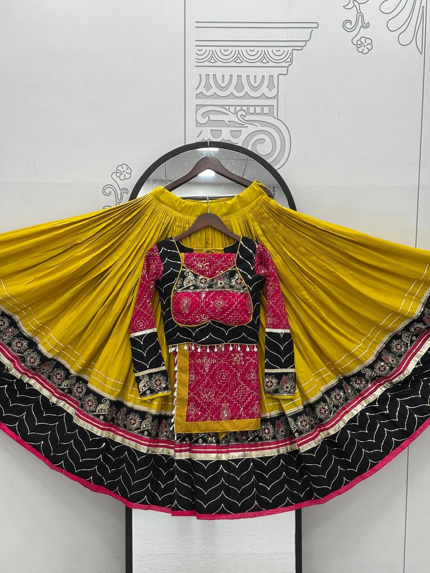 Women's Ethnic Navratri Yellow Lehenga Choli with Embroidered Blouse & Bandhani Dupatta