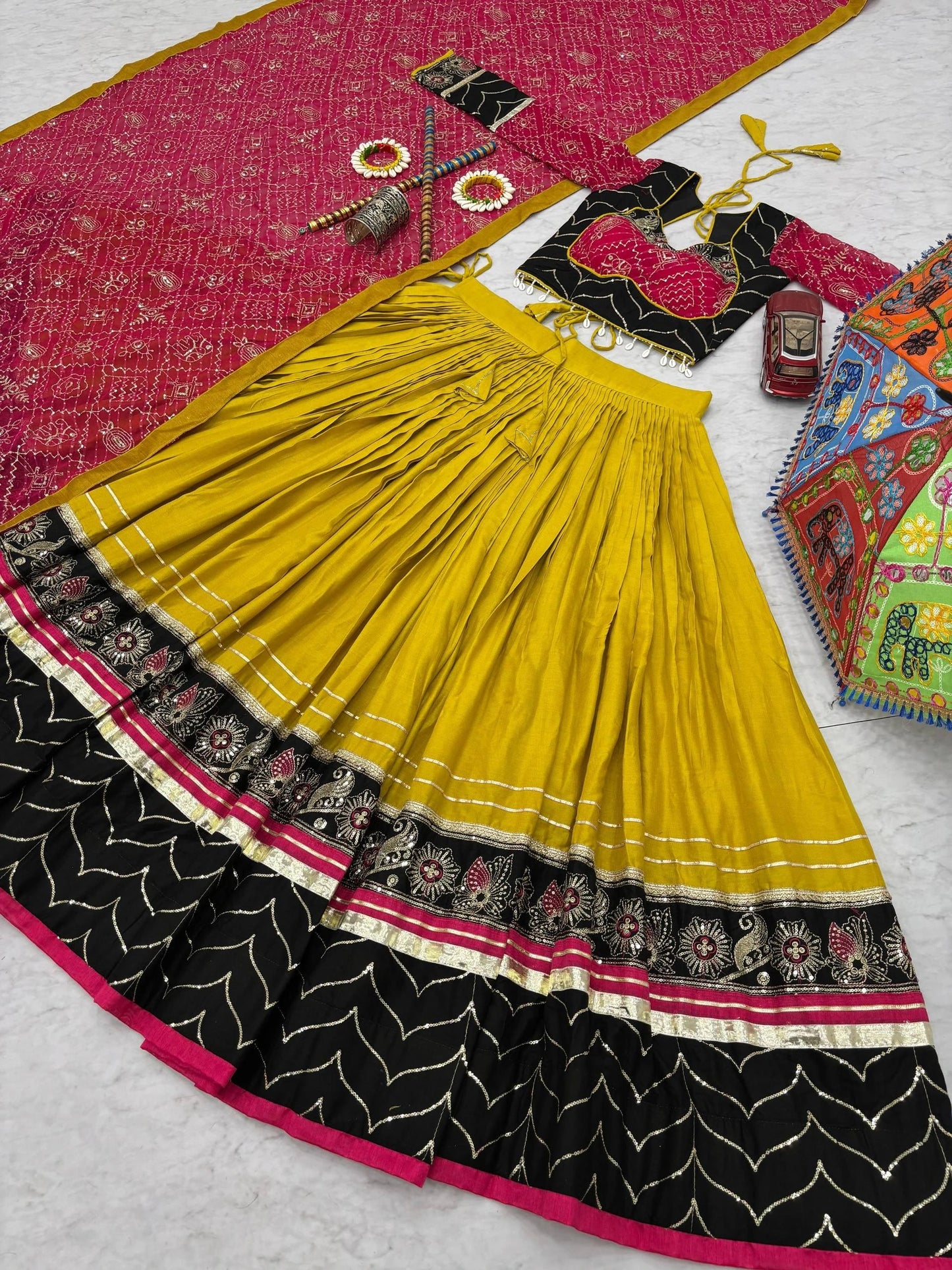 Women's Ethnic Navratri Yellow Lehenga Choli with Embroidered Blouse & Bandhani Dupatta