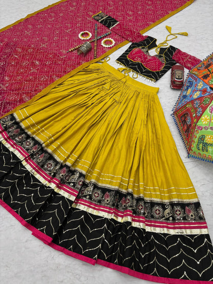 Women's Ethnic Navratri Yellow Lehenga Choli with Embroidered Blouse & Bandhani Dupatta