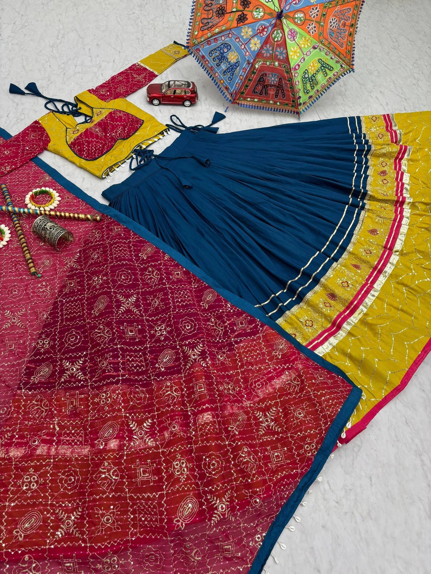 Women's Ethnic Navratri Yellow Lehenga Choli with Embroidered Blouse & Bandhani Dupatta (Copy)