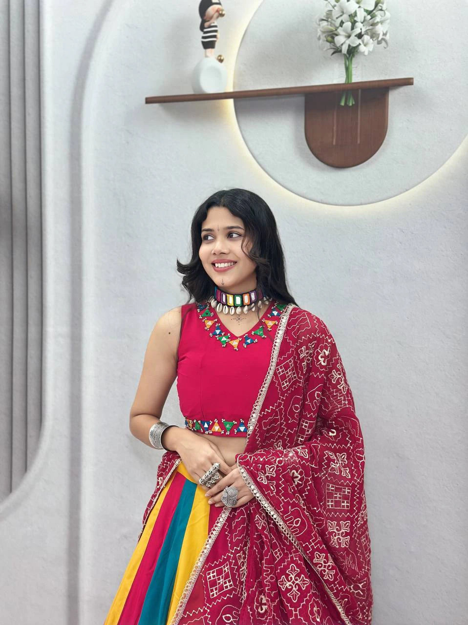 Pure Cotton Lehenga Choli with Mirror Work Choli and Multicolor Kali Lehenga