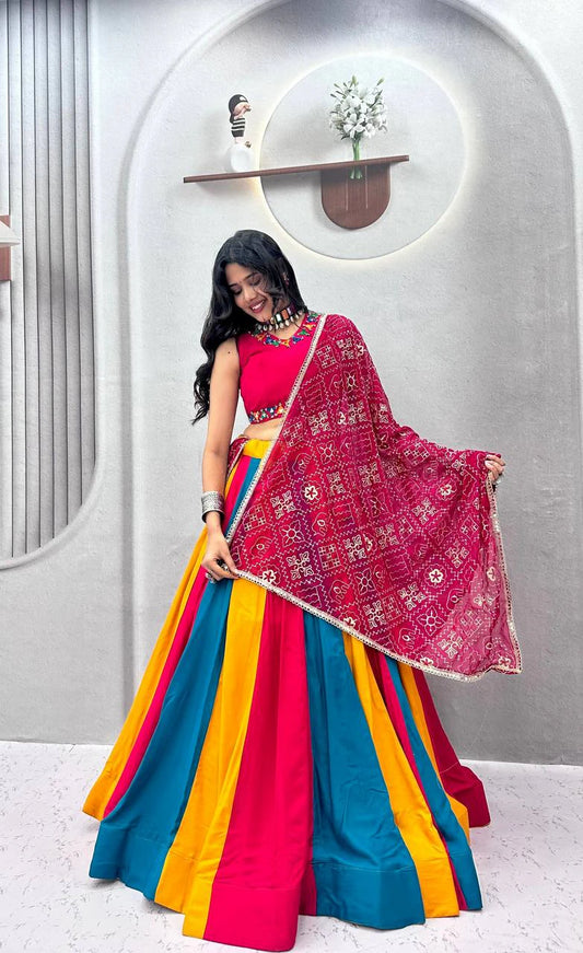 Pure Cotton Lehenga Choli with Mirror Work Choli and Multicolor Kali Lehenga