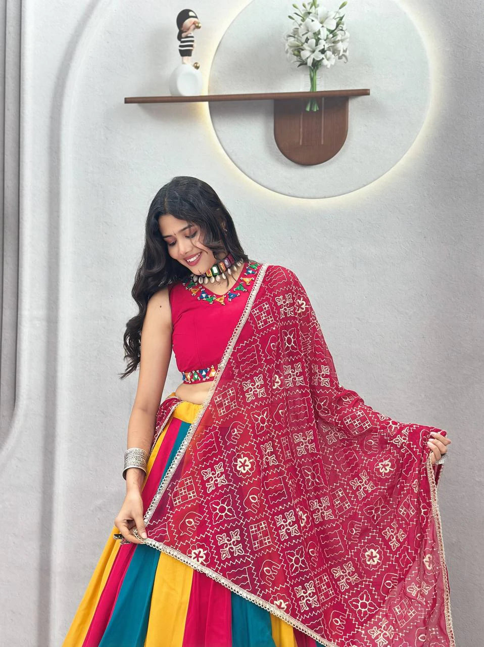 Pure Cotton Lehenga Choli with Mirror Work Choli and Multicolor Kali Lehenga