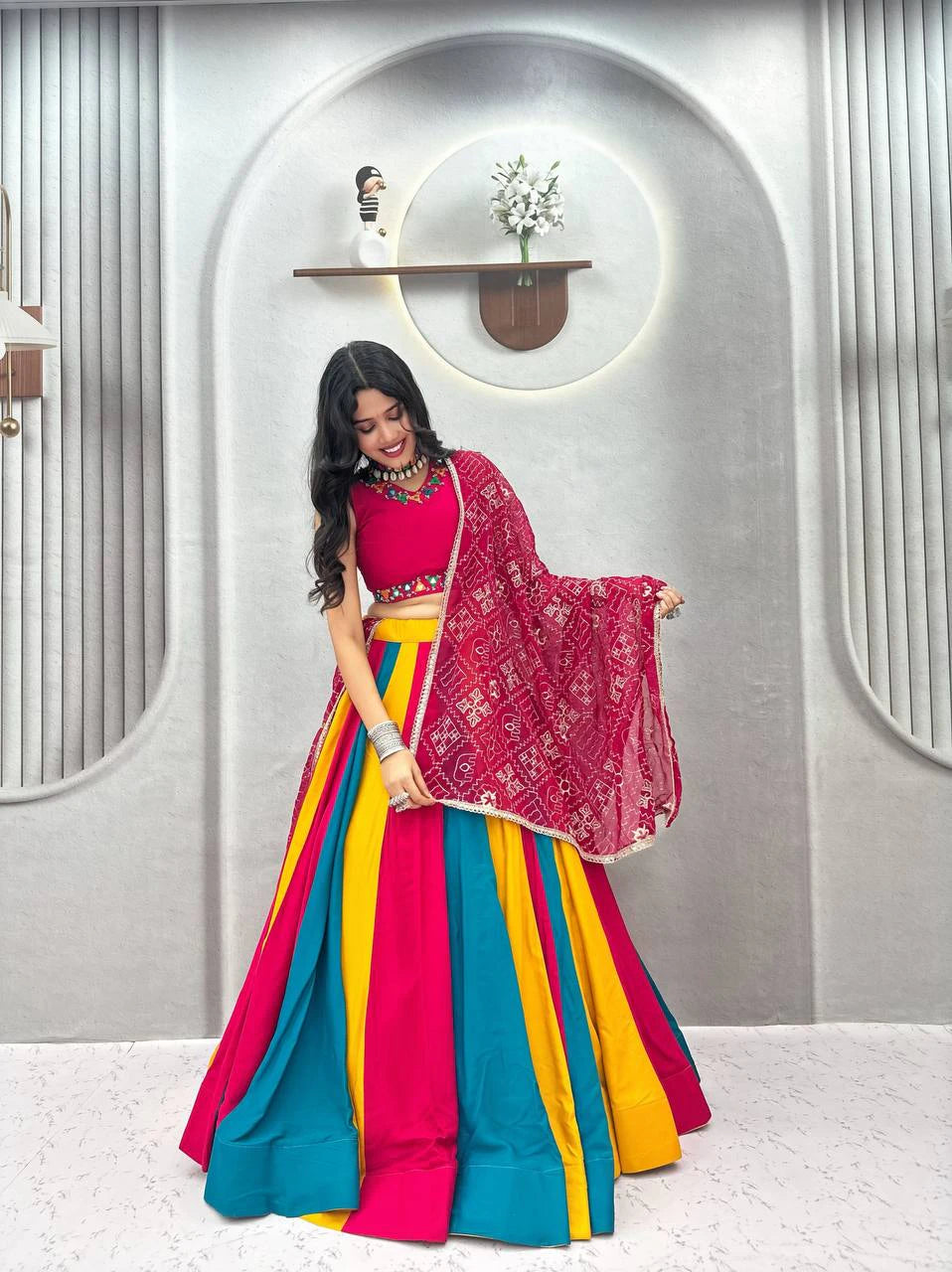 Pure Cotton Lehenga Choli with Mirror Work Choli and Multicolor Kali Lehenga