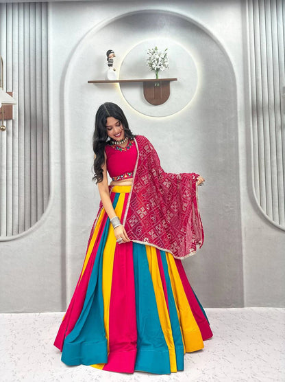 Pure Cotton Lehenga Choli with Mirror Work Choli and Multicolor Kali Lehenga