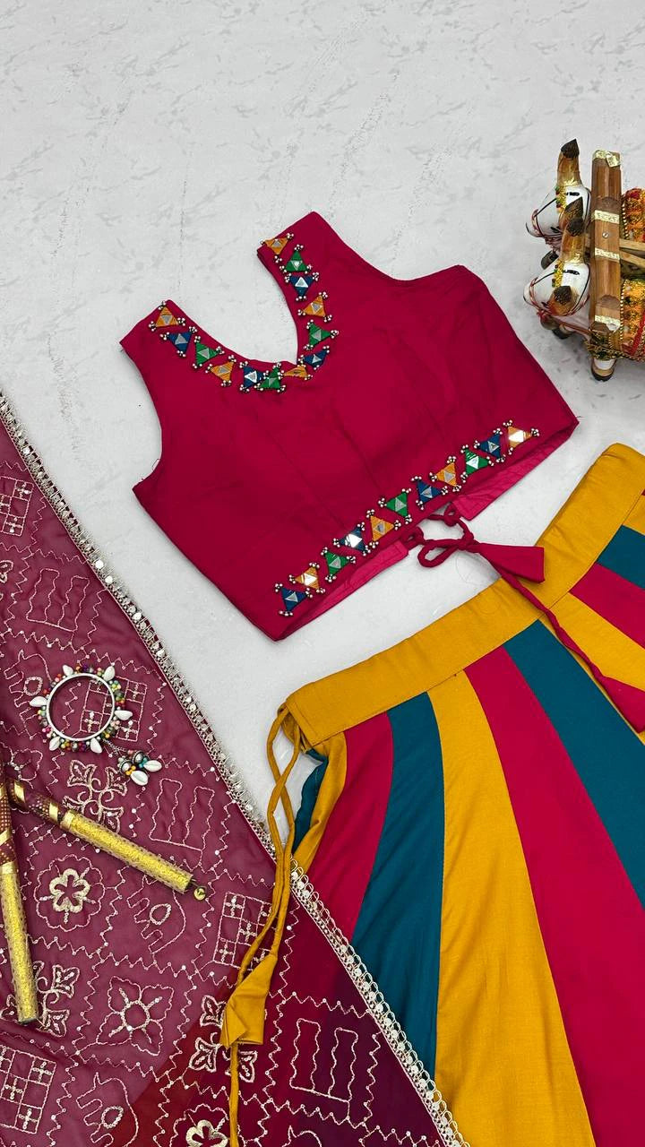 Pure Cotton Lehenga Choli with Mirror Work Choli and Multicolor Kali Lehenga