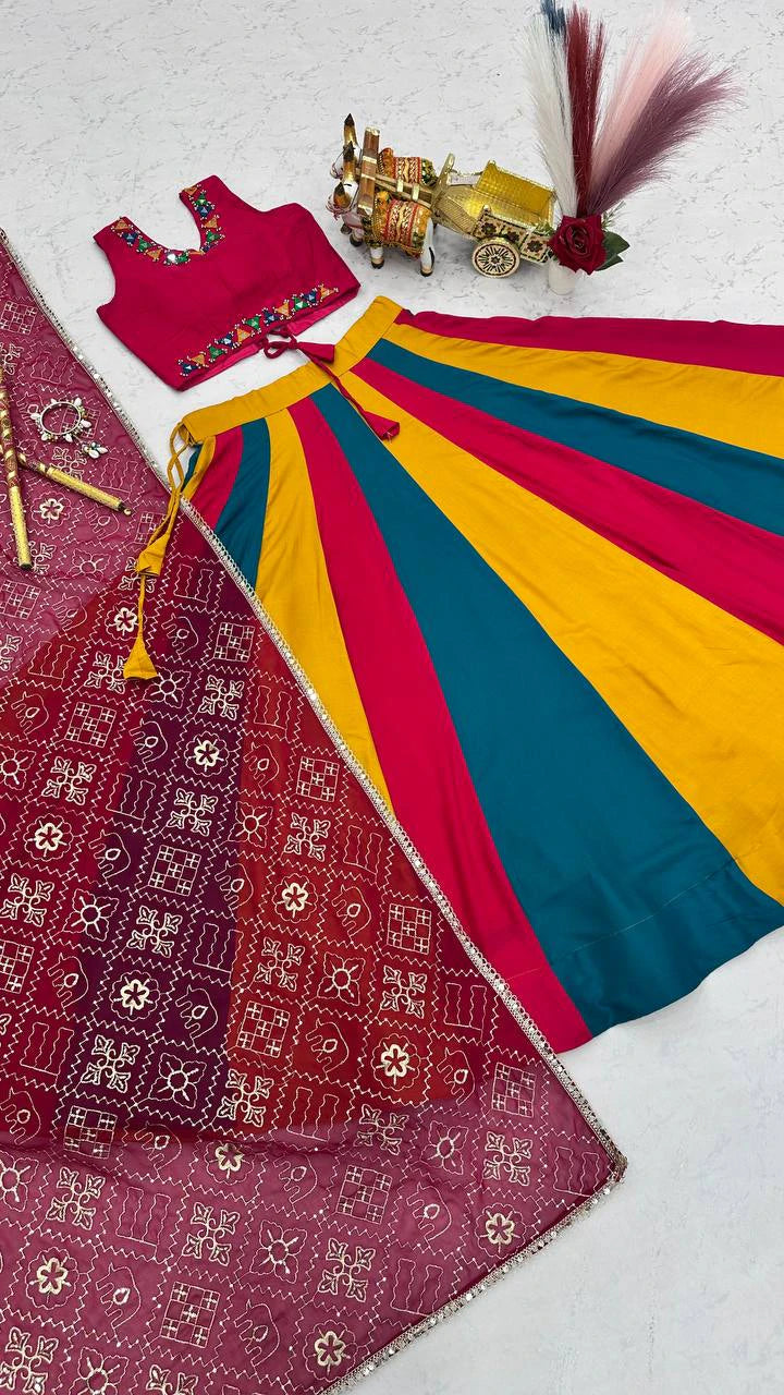 Pure Cotton Lehenga Choli with Mirror Work Choli and Multicolor Kali Lehenga