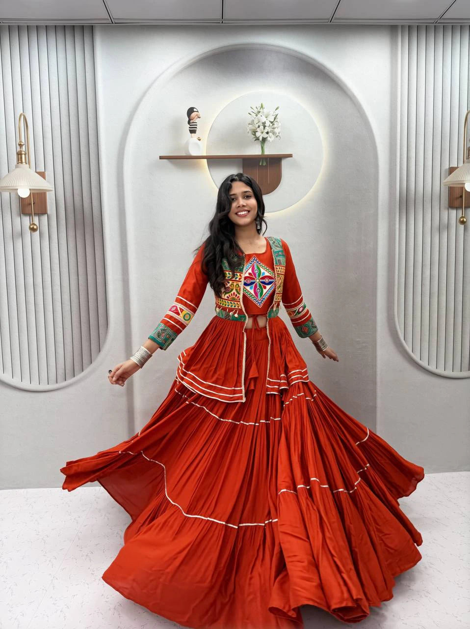 Navratri Special Pure Cotton Koti Chaniya Choli with Gamthi Work and Ribbon Lace Flared Lehenga