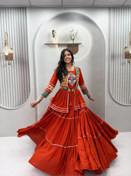 Navratri Special Pure Cotton Koti Chaniya Choli with Gamthi Work and Ribbon Lace Flared Lehenga