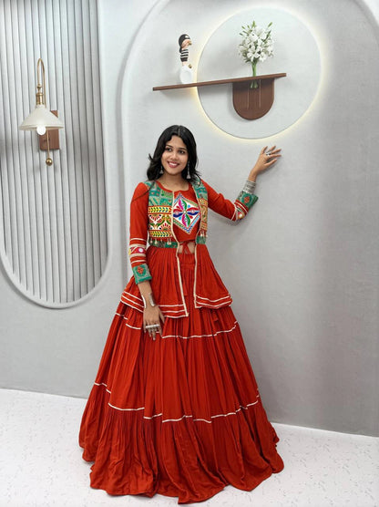 Navratri Special Pure Cotton Koti Chaniya Choli with Gamthi Work and Ribbon Lace Flared Lehenga
