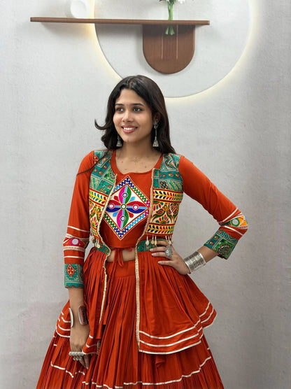 Navratri Special Pure Cotton Koti Chaniya Choli with Gamthi Work and Ribbon Lace Flared Lehenga