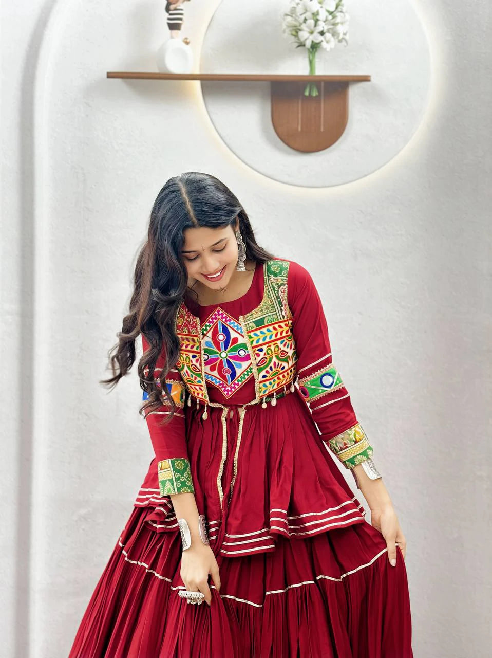 Navratri Pure Cotton Koti Chaniya Choli with Gamthi Work and Ribbon Lace Flared Lehenga