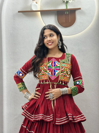 Navratri Pure Cotton Koti Chaniya Choli with Gamthi Work and Ribbon Lace Flared Lehenga