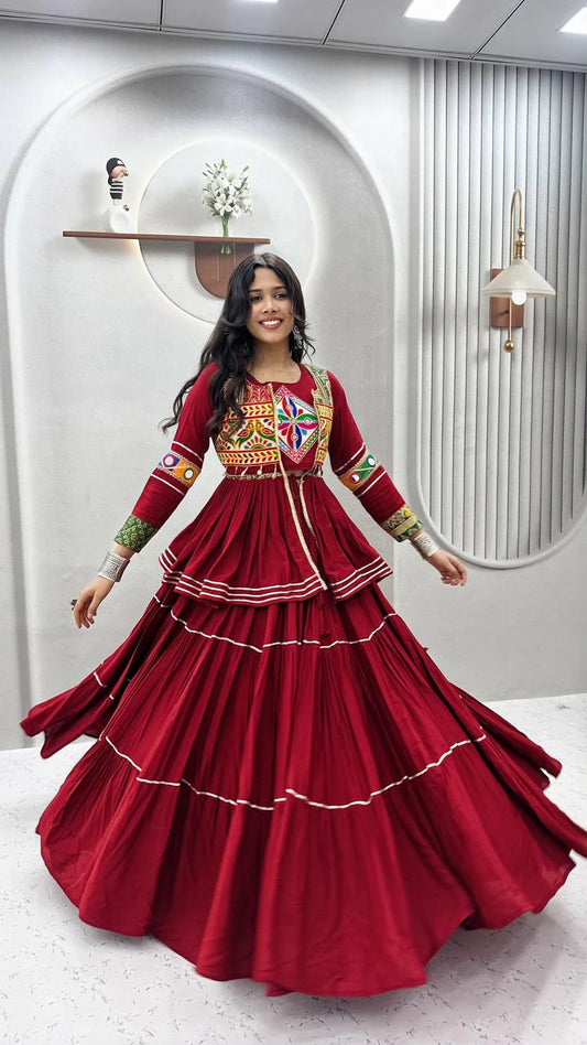 Navratri Pure Cotton Koti Chaniya Choli with Gamthi Work and Ribbon Lace Flared Lehenga