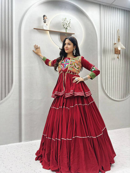 Navratri Pure Cotton Koti Chaniya Choli with Gamthi Work and Ribbon Lace Flared Lehenga