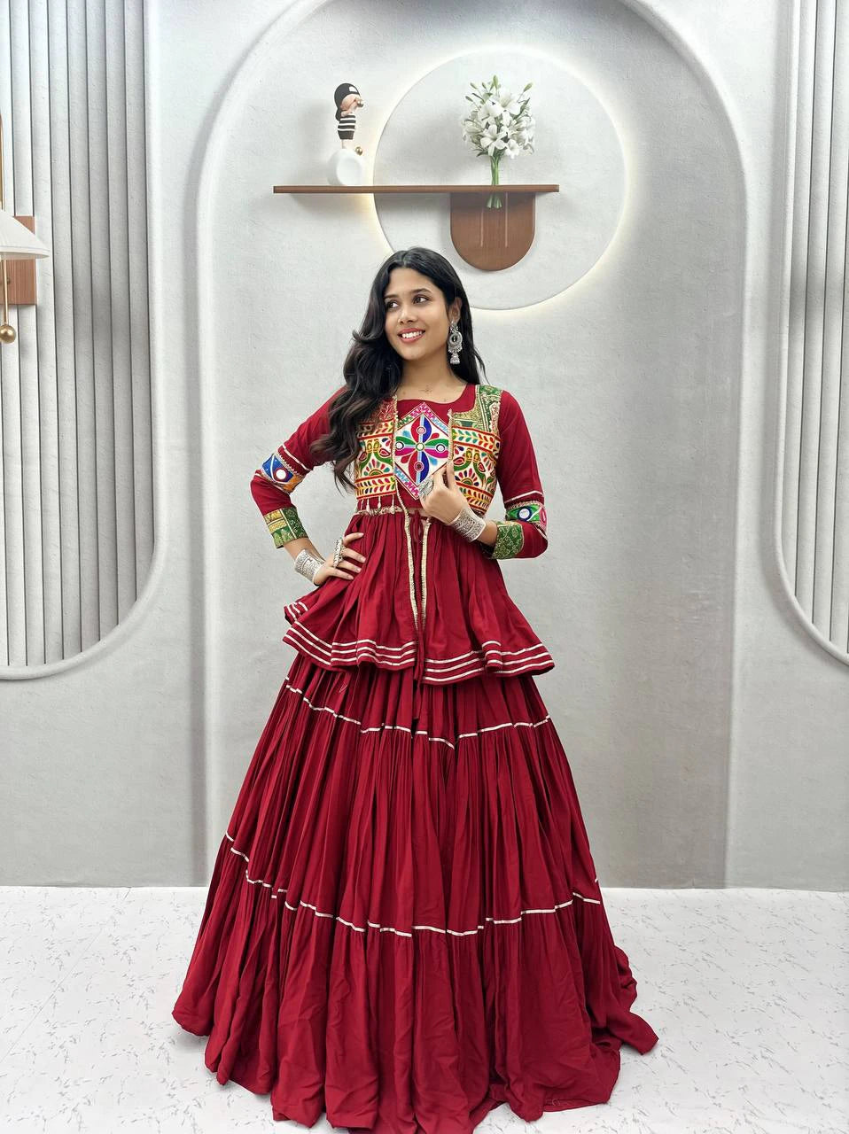 Navratri Pure Cotton Koti Chaniya Choli with Gamthi Work and Ribbon Lace Flared Lehenga