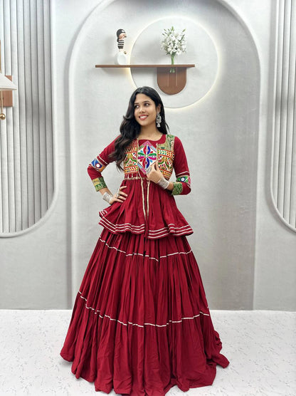 Navratri Pure Cotton Koti Chaniya Choli with Gamthi Work and Ribbon Lace Flared Lehenga