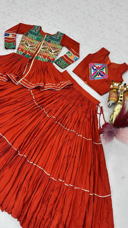 Navratri Special Pure Cotton Koti Chaniya Choli with Gamthi Work and Ribbon Lace Flared Lehenga