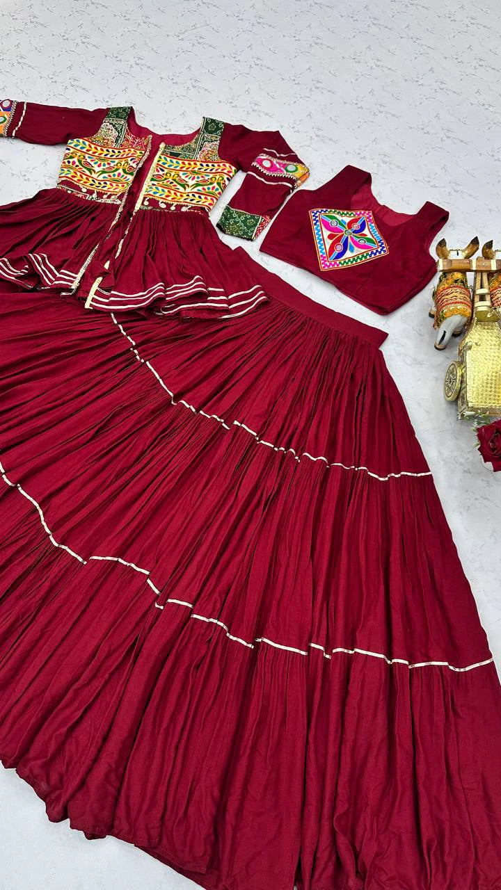Navratri Pure Cotton Koti Chaniya Choli with Gamthi Work and Ribbon Lace Flared Lehenga