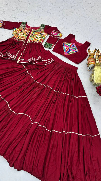 Navratri Pure Cotton Koti Chaniya Choli with Gamthi Work and Ribbon Lace Flared Lehenga