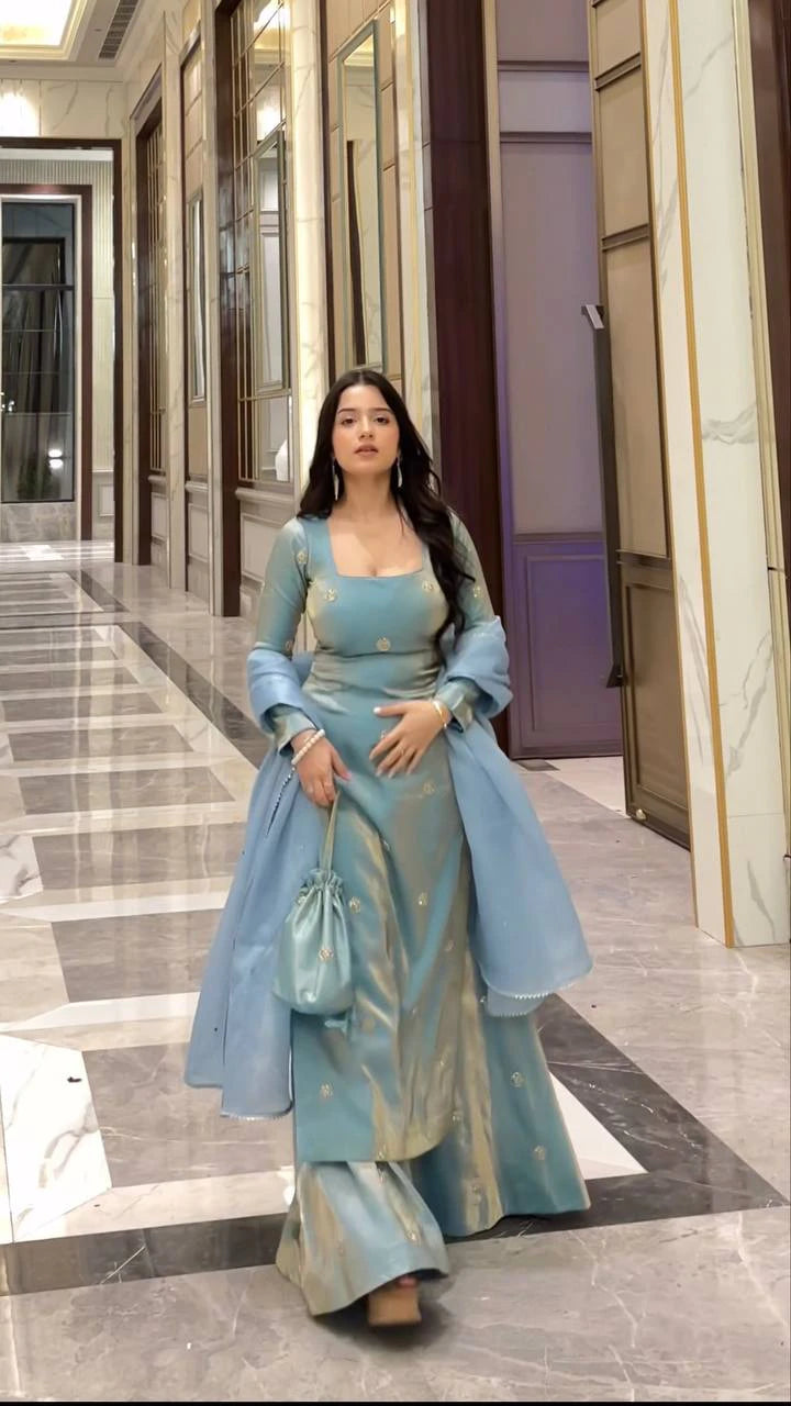 Sky Blue Fandy Silk Sequin Work Plazo Dupatta Set for Women Festive Wedding Party Wear Ethnic Dress