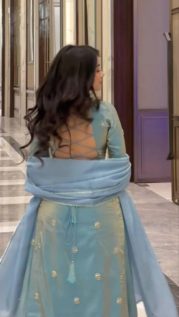 Sky Blue Fandy Silk Sequin Work Plazo Dupatta Set for Women Festive Wedding Party Wear Ethnic Dress