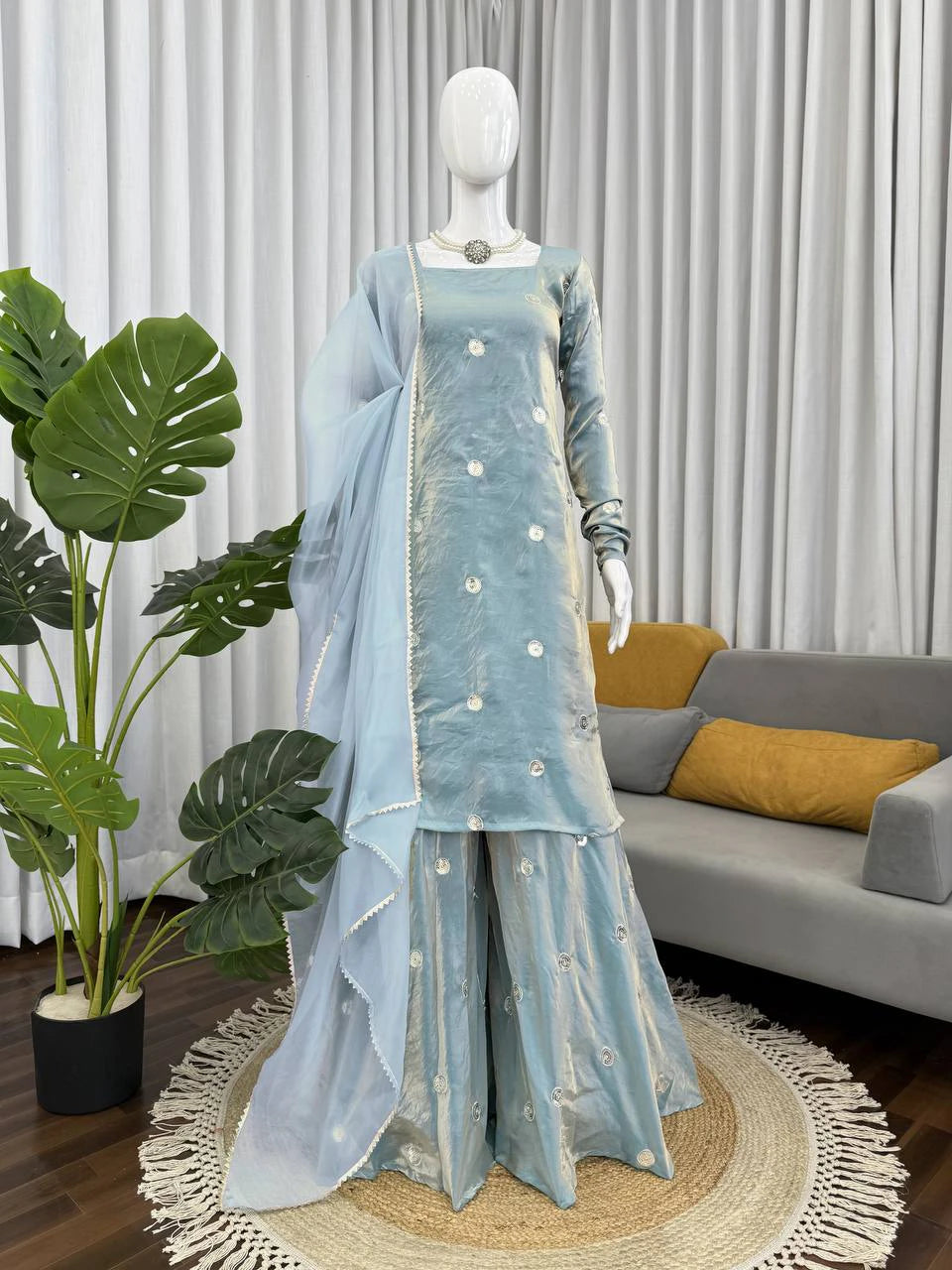 Sky Blue Fandy Silk Sequin Work Plazo Dupatta Set for Women Festive Wedding Party Wear Ethnic Dress